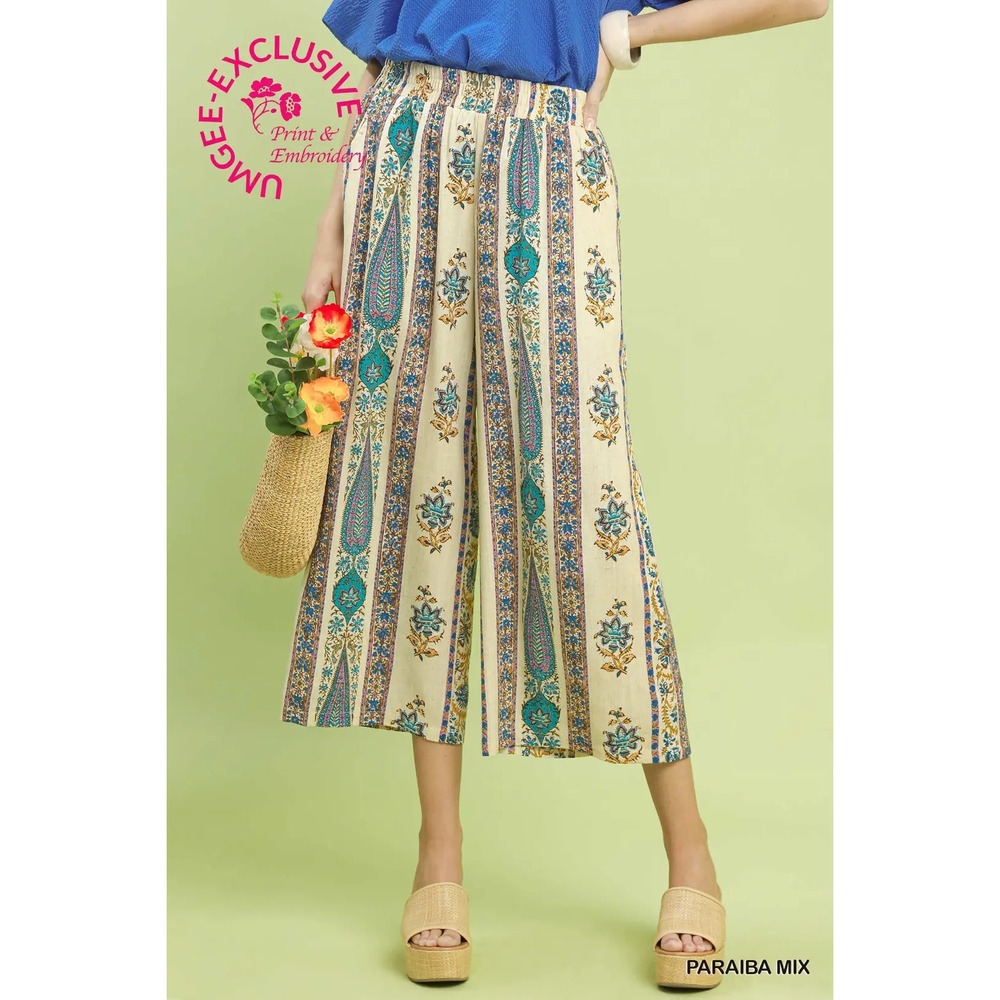 Umgee Cream Floral Stripe Wide Leg Pants with Teal Accents